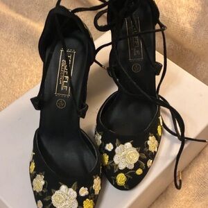 Black Embroidered Lace-Up Heels with Gold Floral Detail